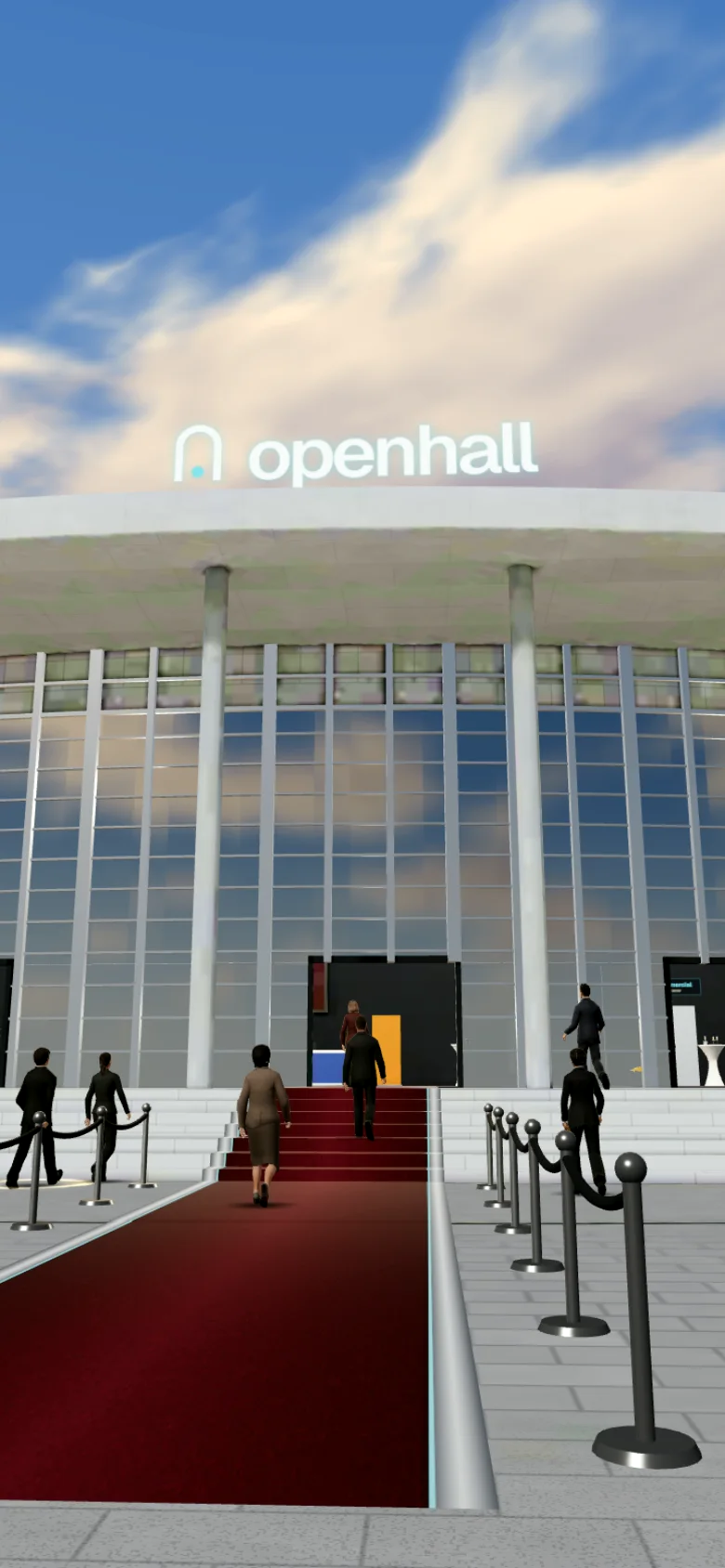 The entrance of a 3D venue: red carpet and the openhall sign